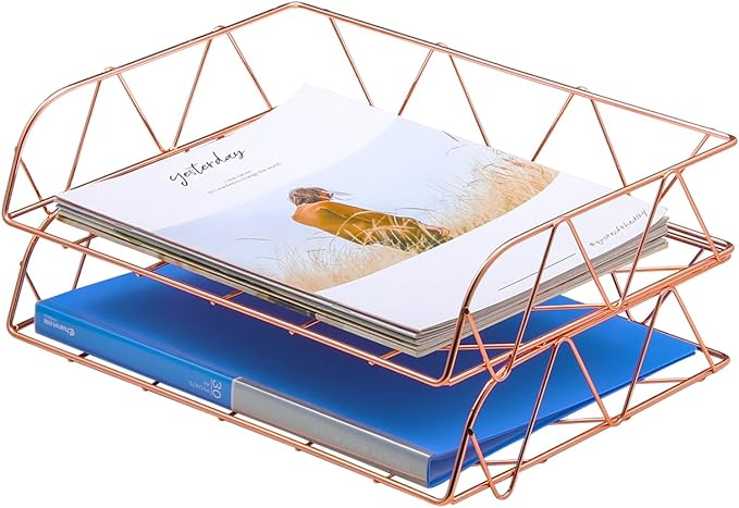 TQVAI 2 Packs Desktop File Organizer Metal Stackable Horizontal Letter Tray Paper Holder Rack,Paper Sorter Desk Organizer for Office/Home/Classroom/School,Rose Gold