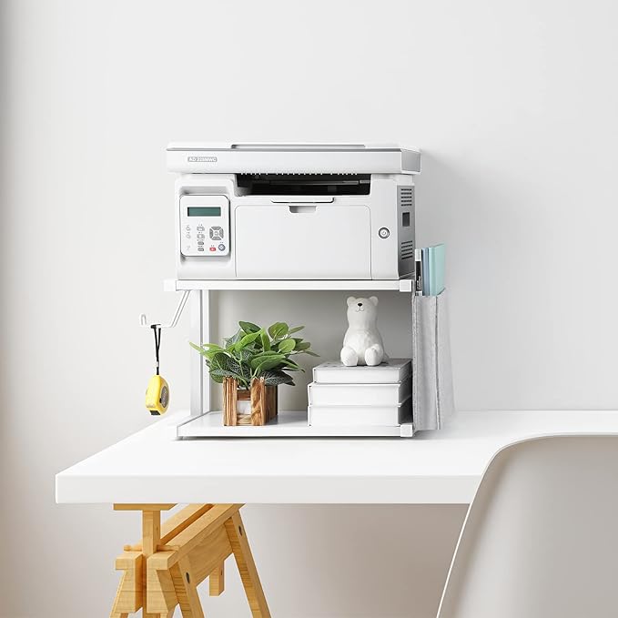 Printer Stand Under Desk Printer Table with Wheels 2 Tier Small Printer Cart with Storage Bag Desktop White Printer Stands for Home Office Fax Machine Scanner Files (White)