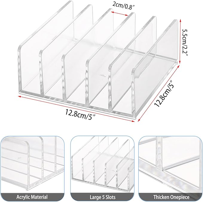 Hipiwe 2-Pack Acrylic File Organizer for Sorting Mail - 5 Slots Letter Sorter Clear Desktop Bill Divider Holder for Paper Envelope Document Book Cash Money Eyeshadow Makeup Palette