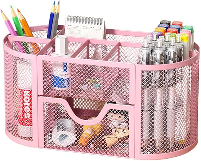 Wire Mesh Desk Organizer, Pink Pen Holder and Desk Organizer with Compartments, Desk Drawer Organizers and Accessories for Office School Home Supplies Teacher Students