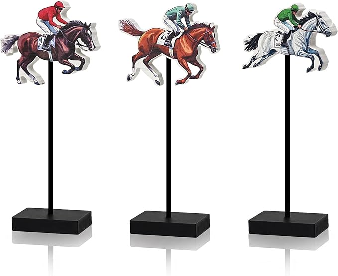 Smile Jockey Wooden Standing Decor Set, 3-Piece Multi-Color Horse Racing Tiered Tray Tabletop Signs with Stands for Horse Racing Party Decorations