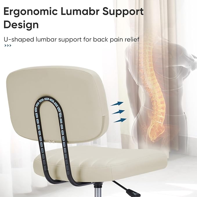 DUMOS Armless Home Office Executive Chair - Small Desk Chair with Low Back Lumbar Support, Height Adjustable PU Leather Computer Task Chair with 360° Swivel Wheels, for Adults, Beige