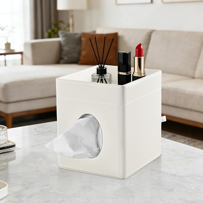 Tissue Box Cover with Storage Tray Square Tissue Box Holder PU Leather Facial Tissues Organizer Tray for Bathroom Vanity Bedroom Office Car,Stylish Napkin Caddy Decorative Organizer,Cream
