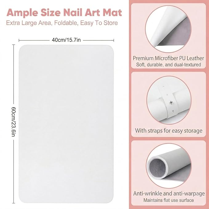 Nail Art Table Mat, (Mat Only) Foldable Hand Rest Manicure Pad, Soft Microfiber PU Leather Arm Rest Pad for Acrylic Nails, Nail Polish Mat for Nail Tech Salon Home (White)