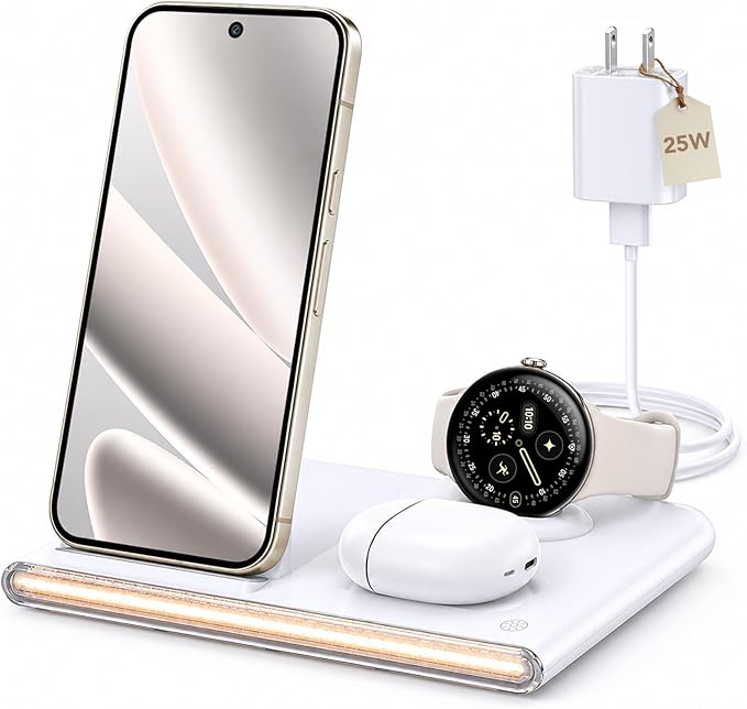 3 in 1 Foldable Charging Station for Google Pixel Watch 4, Wireless Charger for Google Pixel,Fast Wireless Charger Stand, Travel Charger for Pixel 10 Pro/Pro XL/Fold,Buds Pro 2(Only for Watch 4)