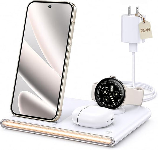 3 in 1 Foldable Charging Station for Google Pixel Watch 4, Wireless Charger for Google Pixel,Fast Wireless Charger Stand, Travel Charger for Pixel 10 Pro/Pro XL/Fold,Buds Pro 2(Only for Watch 4)