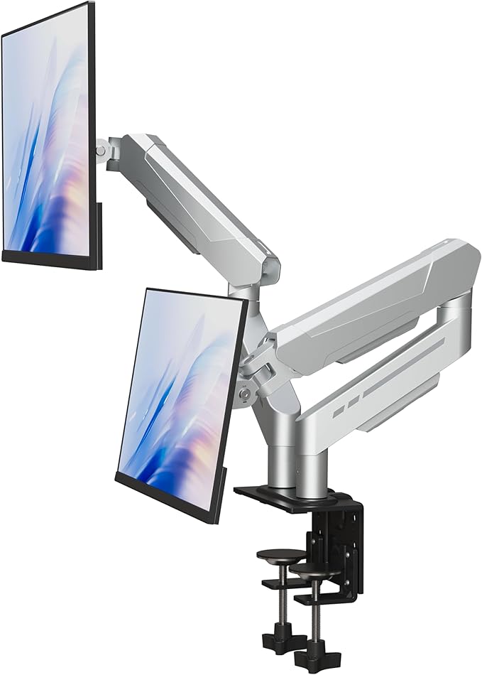 THEARK Dual Monitor Stand for Desk - Dual Monitor Mount for 17-32 Inch Screens,Height Adjustable Dual Monitor Arm Desk Mount with Clamp and Grommet Base,75x75/100x100mm VESA Mount,Max 19.8 lbs,Silver