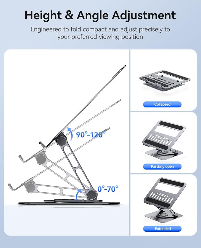 ORICO Adjustable Laptop Stand for Desk, 360° Rotating Base, Foldable Aluminum Alloy Computer Stand with Ventilated Design, Compatible with MacBook Neo/Air/Pro, Dell, XPS, HP up to 17'' - ST12, Gray