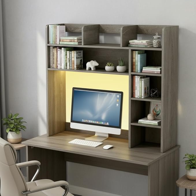 Tangkula Desktop Bookshelf with LED Lights, Desk Hutch with 8 Shelves for Max 25" Monitor, Desktop 5-Tier Display Rack, Multipurpose Wood Desktop Storage Hutch Organizer for Dorm Office Home (Grey)