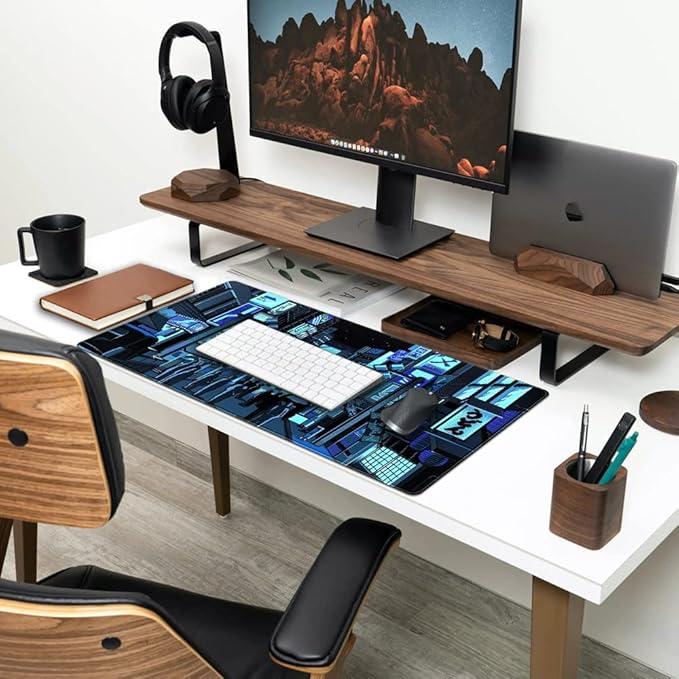 Japanese Gaming Arcade Blue Large Gaming Mouse Pad Keyboard Desk Pad Extended Mouse Pad Gaming Office Decor, Pc Laptop Mouse Pads Large (31.5x15.7 in) with Stitched Eges Non-Slip Base Mousepad XXL