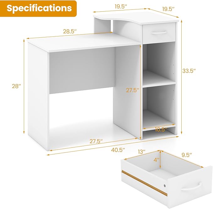 Giantex Computer Desk with Storage, Modern PC Laptop Table with 5-Position Adjustable Shelf, Drawer & Cable Hole, Compact Study Writing Desk Workstation for Small Spaces Home Office, White