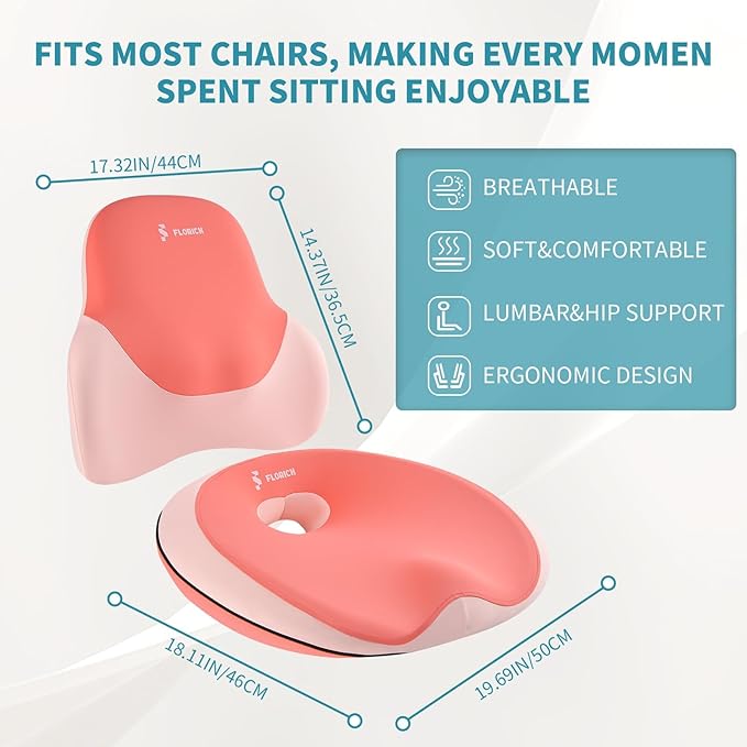FLORICH Seat Cushion Lumbar Support Pillow for Office Chair, Car Lower Back Support, Ergonomic Desk Chair Pillow for Butt and Back Support of Memory Foam Seat Pad(Dark Pink)