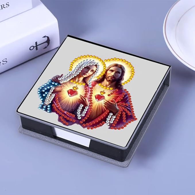 FRANDEK Jesus and Our Lady Creative Diamond Art Desk Organizer, DIY PU Note Box with 160 Sheets, All-in-One Gift Set for Craft Lovers, Elegant Mosaic Kits for Home & Office