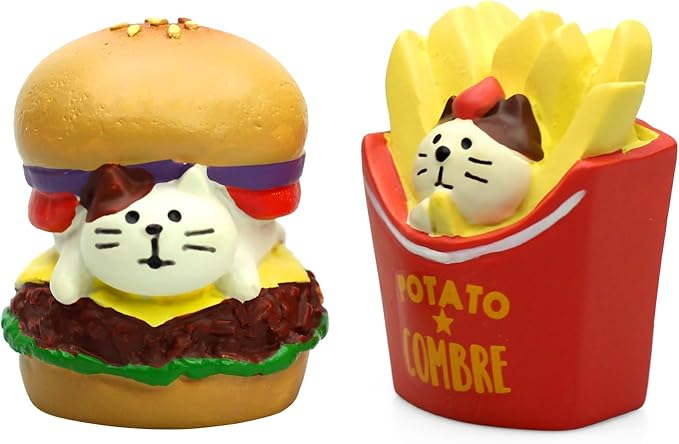 RAQWI Hamburger Fries Cat Figurines Miniature Fast Food Accessories for Office, Home Decoration Perfect for Desk Décor
