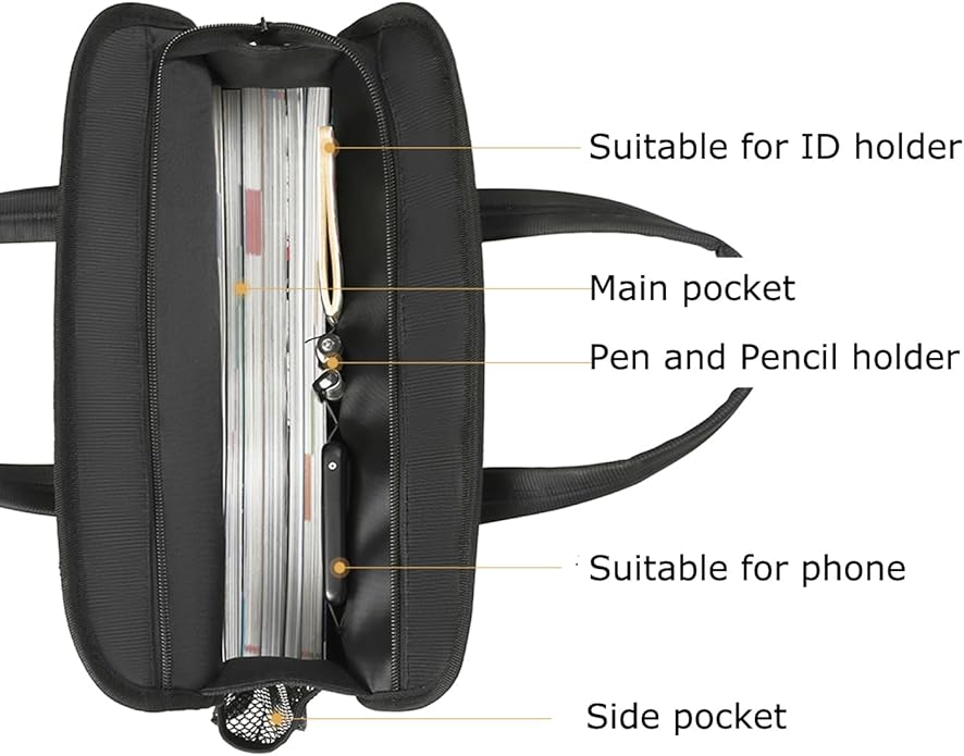 Black Oxford Handle Document Bag with Zipper Briefcase for Men File Tote Bag for Carrying Paper Files (Vertical)