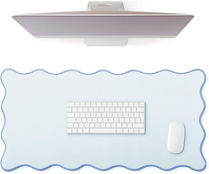 Hahafelt Scalloped Desk Mat Large Desk Pad Cute Coquette Table Mat Aesthetic Preppy Table Make up Pad Nonslip 2026 Graduation Gift with Stitching Waterproof Gaming(Blue,23.6 x 13.8 Inches)