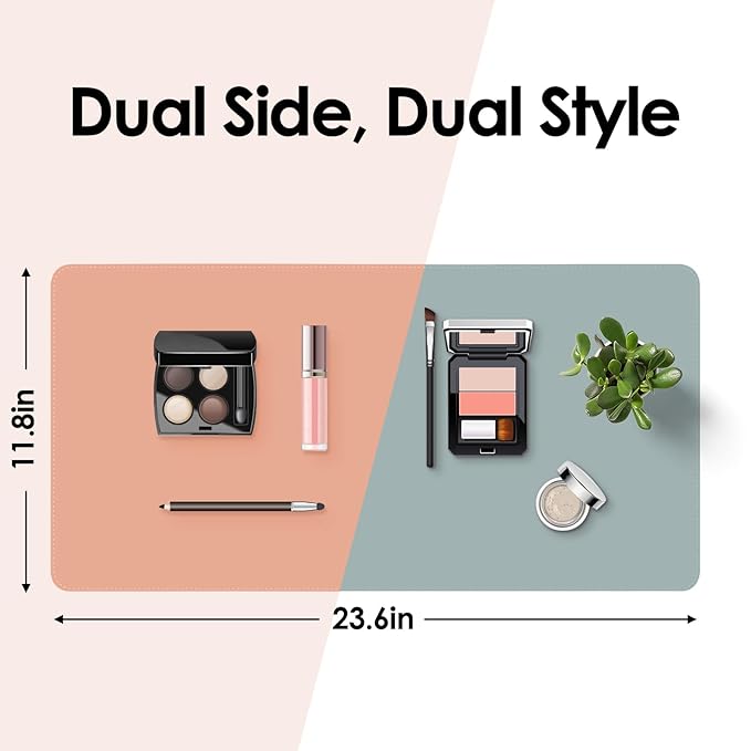 Makeup Mat for Vanity to Protect Desk Top 23.6 x 11.8 in, Dual-Sided Makeup Mat, Easy to Clean Desk Pad - Waterproof and Oilproof Vanity Accessories (Peach and Grey)