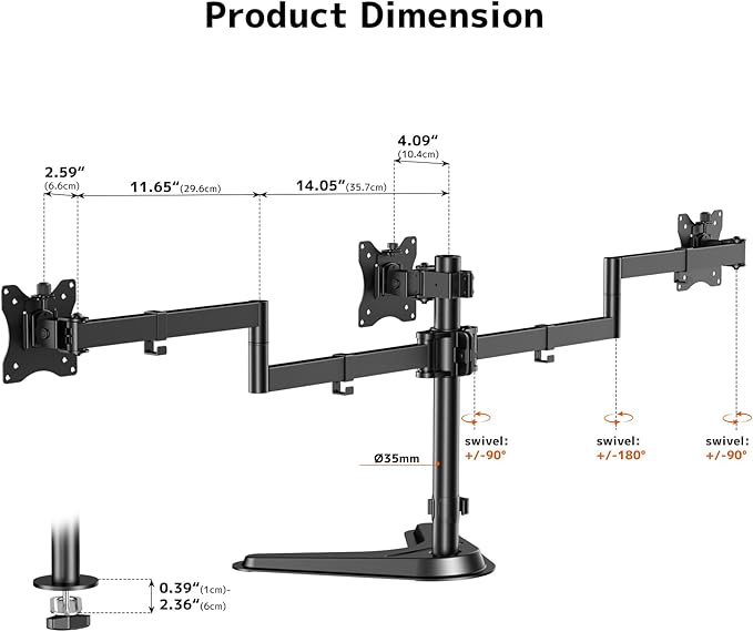 Triple Monitor Stand, Full Motion Adjustable Arm Fits 3 Screens up to 27 inch, Free Standing Desk Stand with Base and Cable Management, 22 lbs Weight Capacity per Arm, 75/100 mm VESA, Black