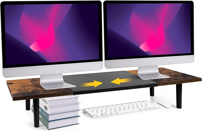 Across-Star Dual-Monitor-Stand-Riser-For-Desk Adjustable Length 32-40 Inch，Large Desktop Computer Monitor Riser For 2 Screens，Desk Shelf Organizer Riser Stand For Computer/Laptop/PC/Printer/TV Black