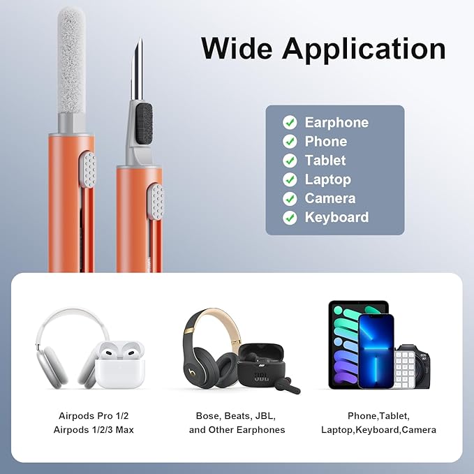 Hyashee Cleaner Kit for Airpods Pro 1 2 3 Multi-Function Cleaning Pen with Soft Brush Flocking Sponge for Bluetooth Earphones Case Cleaning Tools (Orange)