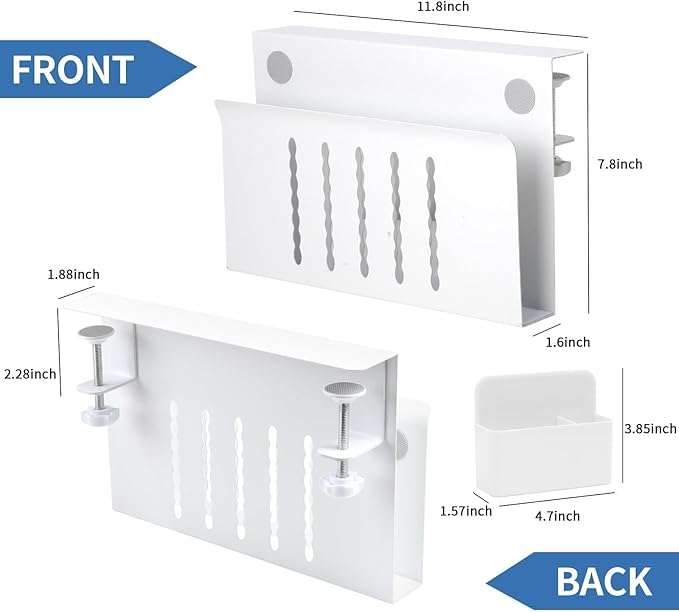 Desk Side Storage Organizer, Under Desk Laptop Holder with Magnetic Pen Holder, No Drill Hanging Desk Caddy for Office & Home, Clamp On Desk Shelf for Tablet, Files, Accessories (White)