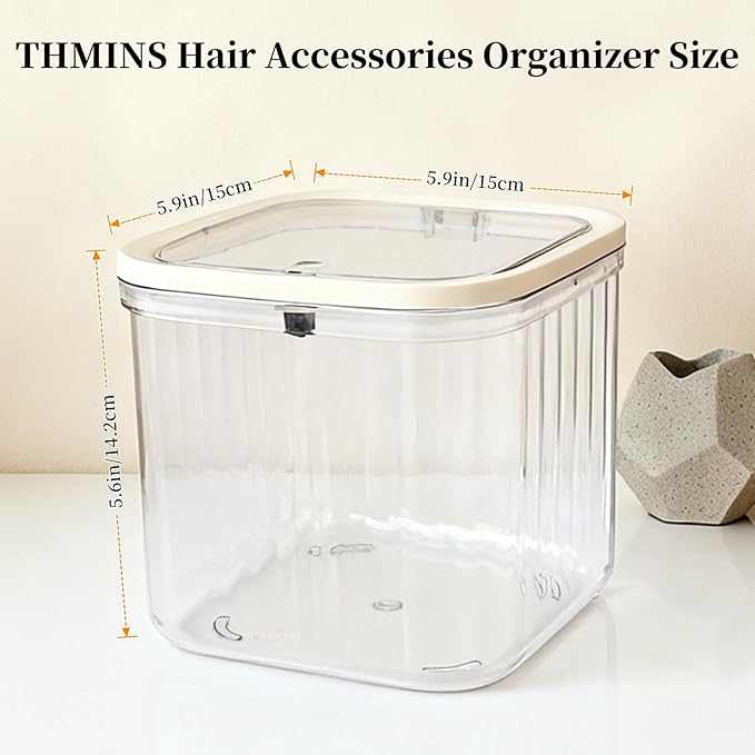 THMINS 2 Pack Hair Accessories Organizer for Girls,Clear Storage Box with Lid for Kids Hair Clips,Ties,Bows&Jewelry,Stackable Dust-Proof Flip Top Container,Desktop Organizer(Clear)