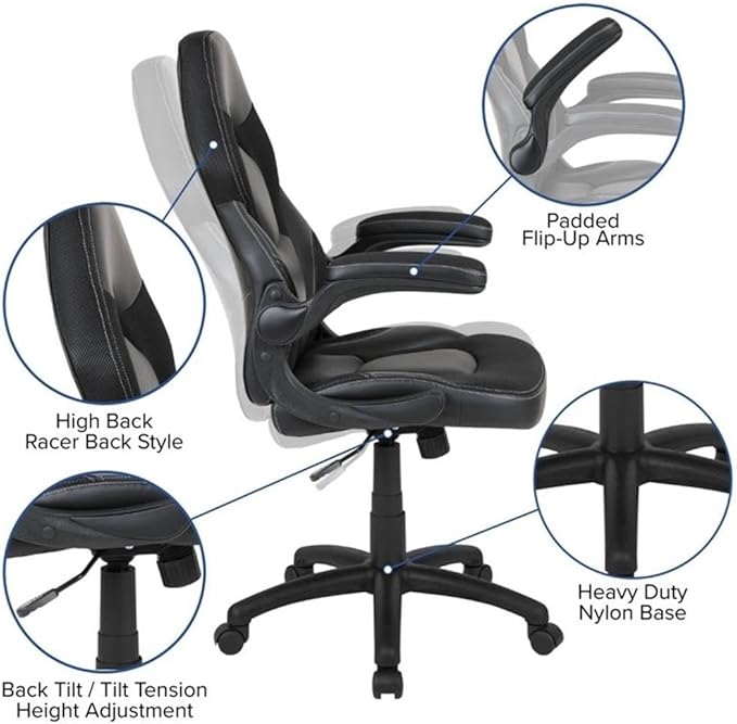 BOWERY HILL 2 Piece Gaming Desk Set with Monitor Stand, Black Laminate Finish, Ergonomic High Back Chair with Flip-Up Arms, Cable Management, Cup Holder, Contemporary Design for Home Office or Gaming