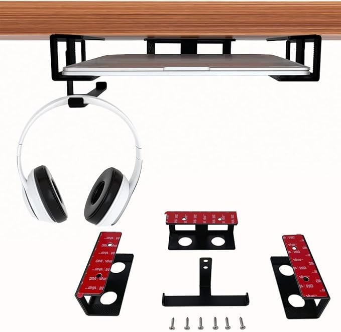 IFCASE Under Desk Laptop Mount & Headphone Holder with Adhesive & Screw, Hard Aluminum Under Table Desk Holder for Laptop, Mac mini, MacBook Pro (Black)