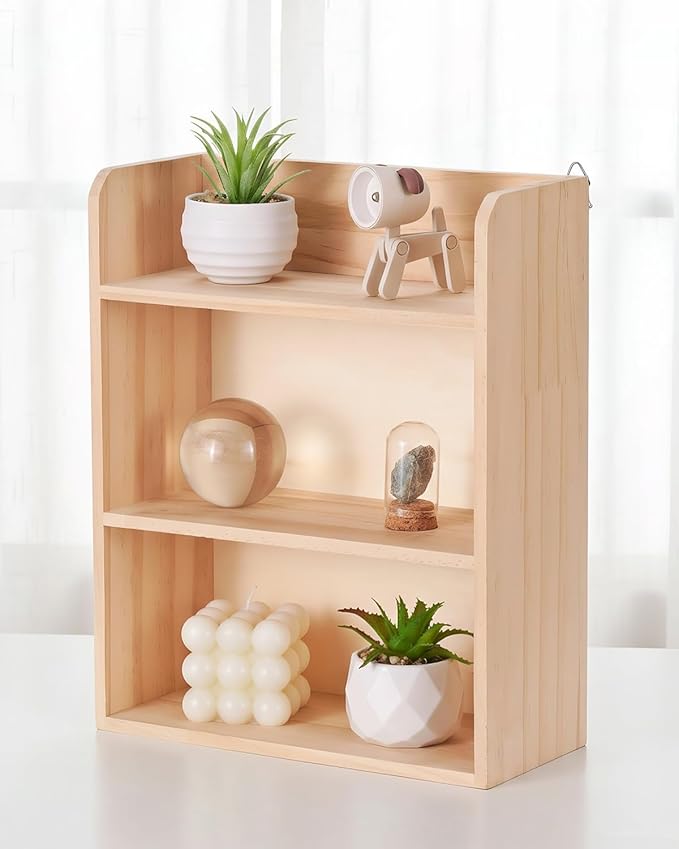 3-Tier Trinket Shelf, 10" x 12" Small Display Shelf for Wall or Countertop, Solid Wood Knick-Knack Shelf for Collectibles, Crystals & Spice Village Storage, Natural Unfinished, DIY Stain