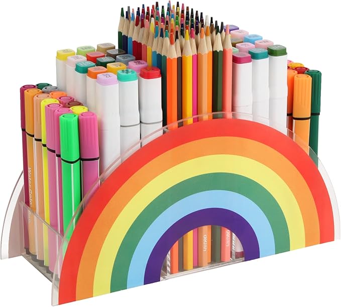 Acrylic Pen Pencil Holder Clear Desk Organizer, Rainbow Home Office Desk Pen Storage Stand, Corner Desktop Stationery Organizer for Women Kids Students School Art Supplies