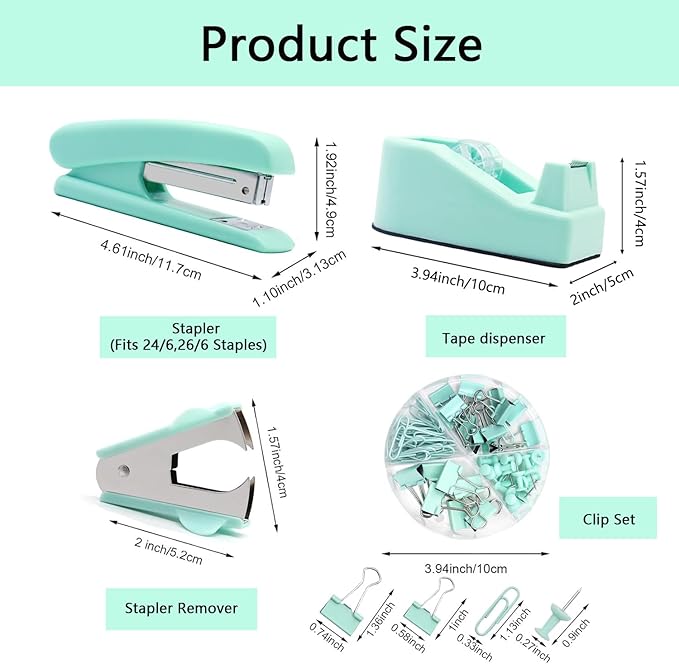 Office Supplies,Green Desk Accessories,Office Supplies Set,Stapler and Tape Dispenser Set,Scissors,Staple Remover,Binder Clips,Staples,Ballpoint Pen,Index Tabs with Ruler,Clear Tape.9pcs for Office