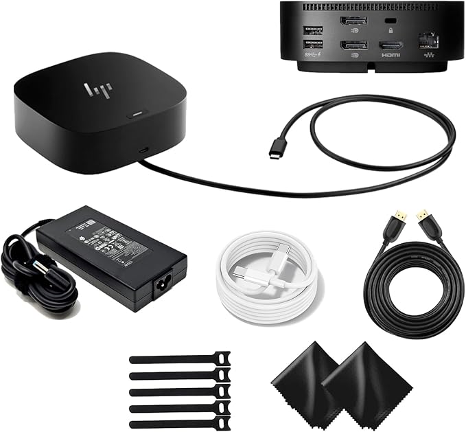 HP HSN-IX02 Docking Station for Laptop Dual Monitor and Charging Bundle-HP USB-C G5 Dock 5TW10UT#ABA with 120W AC Adapter, HDMI Cable, USB-C Cable, Fiber Cloth, Cable Ties