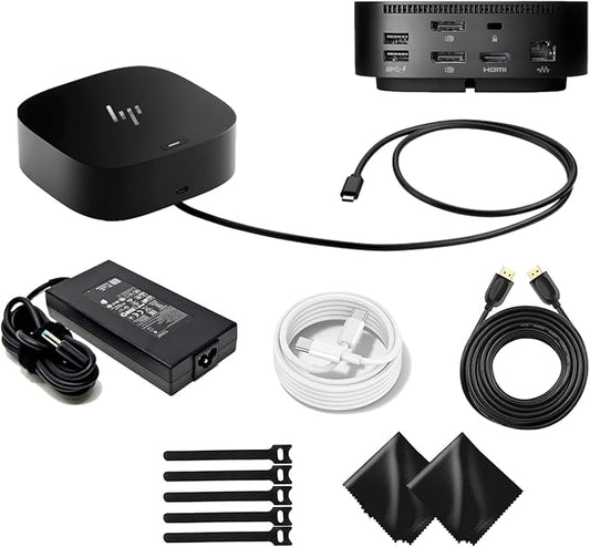 HP HSN-IX02 Docking Station for Laptop Dual Monitor and Charging Bundle-HP USB-C G5 Dock 5TW10UT#ABA with 120W AC Adapter, HDMI Cable, USB-C Cable, Fiber Cloth, Cable Ties