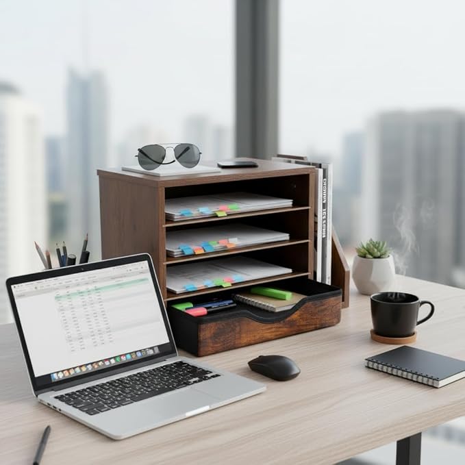 Wooden Desk Organizer with Drawers, 4 Tier Office Organizer and Accessories, Paper File Mail Organizer, Brown