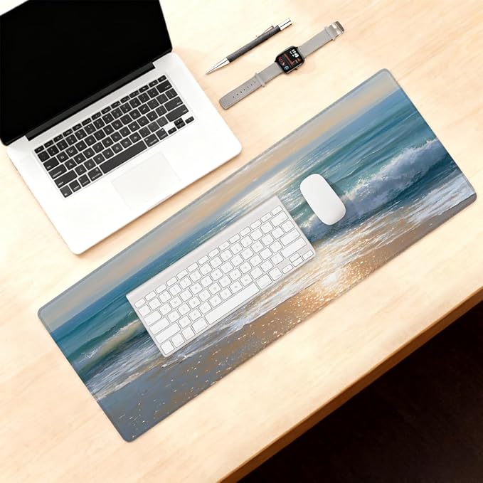 Sea Beach Landscape Large Mouse Pad Non-Slip Rubber Long Gaming Desk Mat Big Computer Keyboard Mousepad Waterproof Protector Wristing Pad for Gaming Office Home Decorative 31.5 X 11.8 Inch