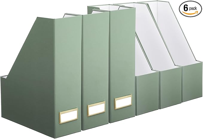Feifeiya Magazine File Holder Set of 6 Stylish Sturdy Cardboard File Boxes Desk Organizer Beautiful Magazine Holder Rack with Gold Label Holder for Home Office Desktop Bookshelf Classroom(Sage Green)