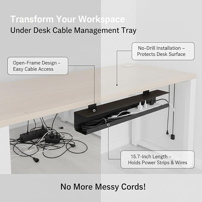 Under Desk Cable Management Tray, No-Drill Cord Organizer for Power Strips & Wires, 15.7 x 3.9 x 3.5 Inch, PVC Wire Basket (1 Pack)