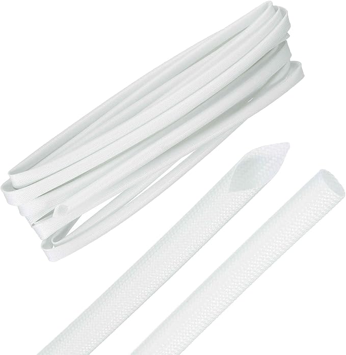 MECCANIXITY 30ft Braided Cable Sleeve, 1/4" ID 200C Heat Resistant 1500V Fiberglass Wire Insulation Cord Protector Organizer Wires Management for Motor Engine Fuel Line, White