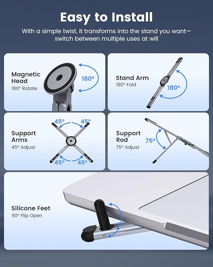 LENTION Magnetic Foldable Laptop Stand, 8-Level Adjustable Aluminum Laptop Riser, N52 MagSafe Phone Tablet Tripod Holder, Portable Ergonomic Desk Stand for 10-16 Inch Laptop Home Office Travel