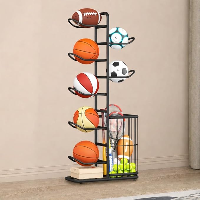 7-Ball Sports Equipment Storage Rack with Ball Holder and Basketball Rack, Athletic Gear Organizer ball Stand - Organize Toys, Sports Gear and More, 57.5" (Black)
