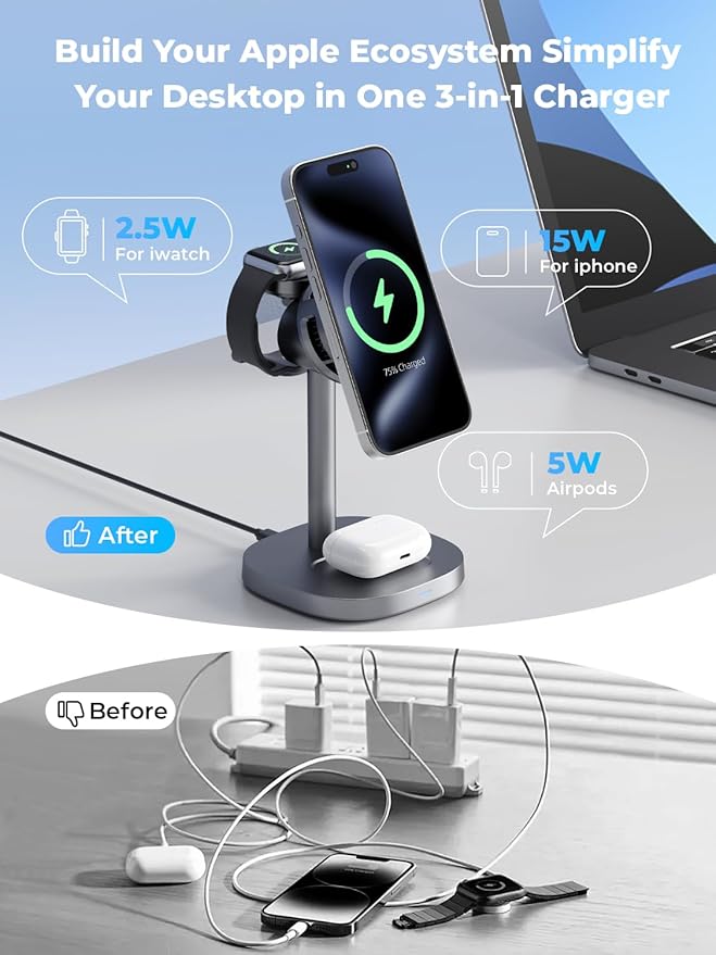 havit Qi2 3 in 1 Wireless Charging Station, 15W Magnetic Charger with Cooling Fan for iPhone 17/16/15/14/13/12, Apple Watch & AirPods, Adjustable Stand, 45W Adapter Included