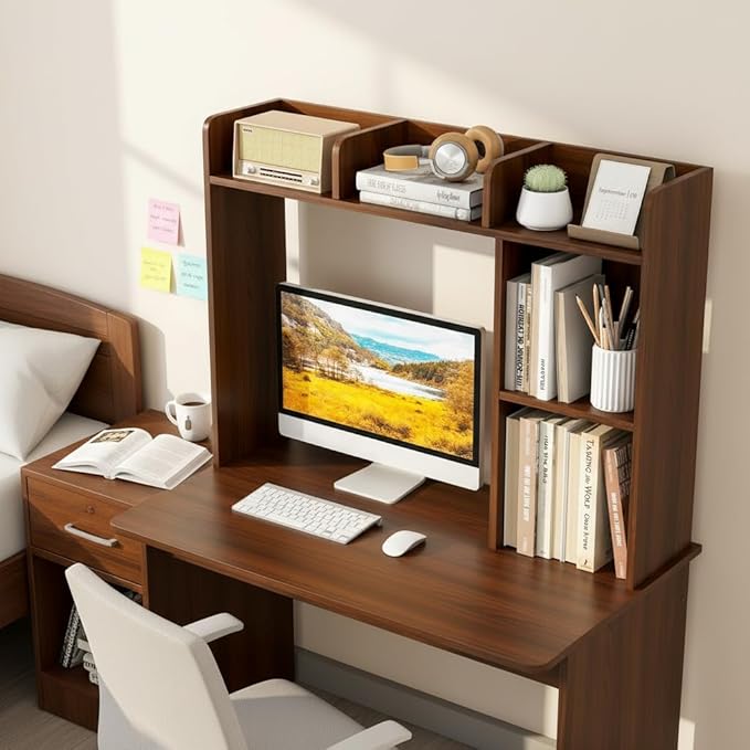 Tangkula Desktop Bookshelf, Countertop Storage Hutch with Shelves for Computer Desk, Desk 3-Tier Display Rack, Multipurpose Wood Desktop Hutch Storage Organizer for Dorm Office (Walnut,5 Shelves)