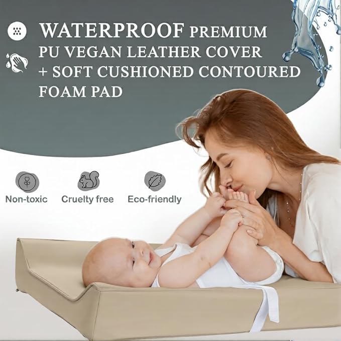Vegan Leather Contoured Baby Changing Pad | Waterproof & Wipe-Clean PU Leather Diaper Change Mat, Soft, Wipeable Cover, Safety Strap, Non-Slip Bottom, Topper for Standard Infant Diaper Table & Dresser