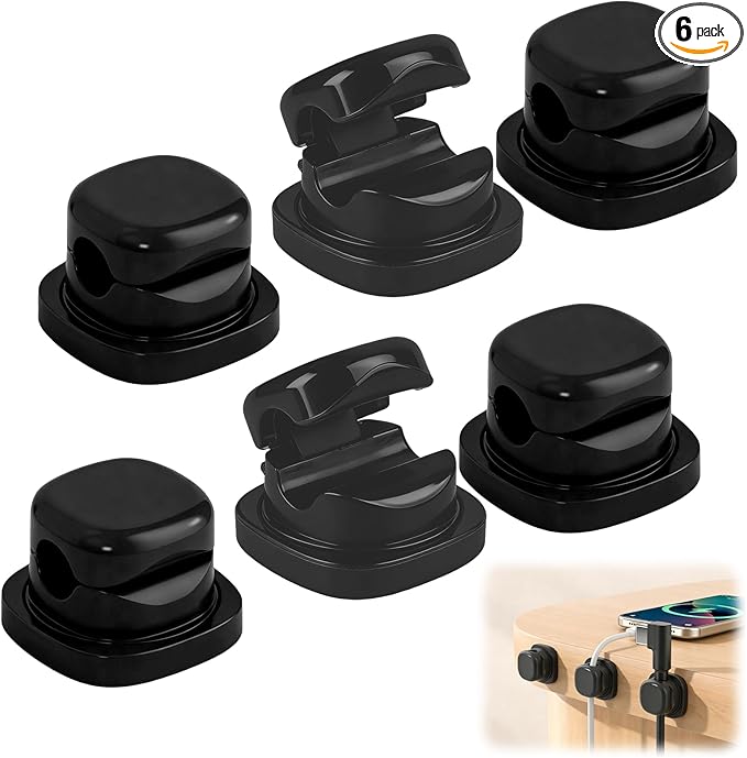6Pcs Magnetic Cord Organizer Holder,Cord Holder for Nightstand,360° Rotatable Spring Cable Management,Adhesive Wire Cable Clips Management Kit for Phone Charger,Computer,Office,Desk,Nightstand (Black)