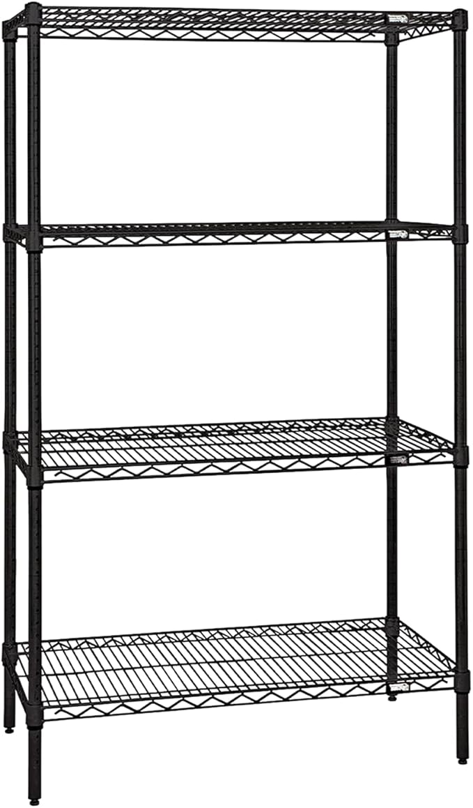 Quantum Storage Systems WR63-1242BK Wire Shelving Starter Kit, 42" W x 12" D x 63" H, 600 lbs Capacity, Carbon Steel, Epoxy Coated, Black, NSF