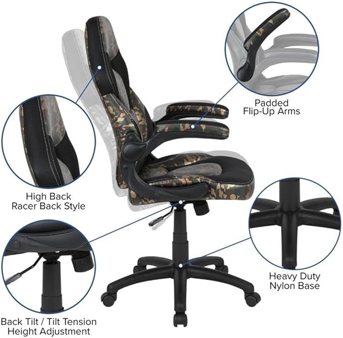 BOWERY HILL 2 Piece Gaming Desk Set, Black Laminate/Black Leather with Camouflage Mesh, Includes Raised Monitor Platform, Cup Holder, Headset Hook, Ergonomic High Back Chair for PC Gaming