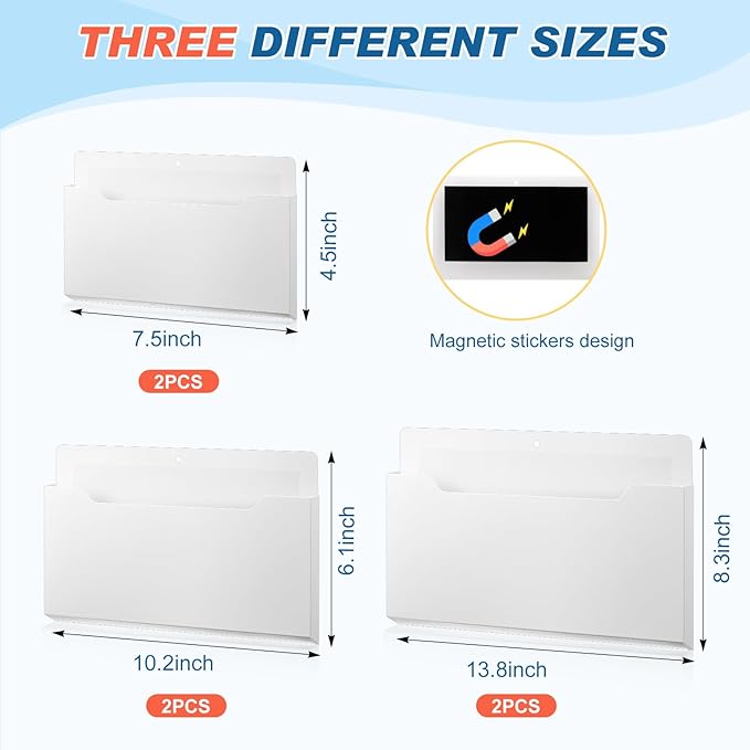 Fuutreo 6 Pcs Magnetic Wall File Organizer Magnetic Wall File Holder Refrigerator Magazine Holder for Mail Letters Paper(White,Horizontal-3 Mixed Size)