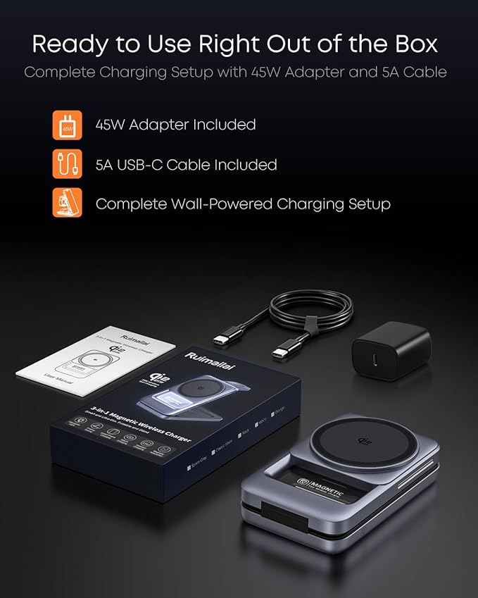 Qi2.2 25W 3-in-1 Foldable Magnetic Wireless Charging Station with 2-Level Night Light, Phone Charger Stand Compatible with iPhone 17/16/15/14/13/12, Apple Watch & AirPods, 45W Adapter Included