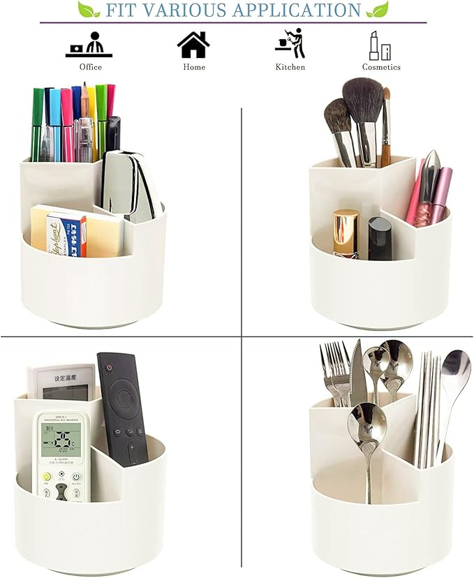 Siveit Desk Pencil Pen Holder, Desk Organizers 3 Slots 360-Degree Rotating Pen Holder for Desktop Storage Stationery Supplies Organizer, Home, Office, School, Kids, White