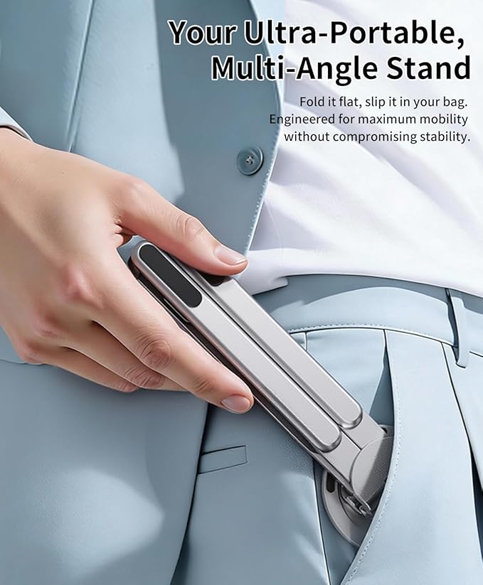 miley Portable Foldable Laptop Stand for Desk,Foldable Ergonomic,8-Level Height,with 13–17" Laptops,Aluminum Construction,Tripod Compatible,Portable with,Includes Storage Bag (Silver)